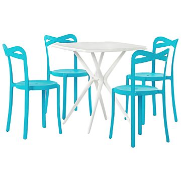 Garden Dining Set White And Blue Synthetic 4 Stacking Chairs Square Table Lightweight Indoor Outdoor Plastic Modern Beliani