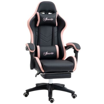 Vinsetto Computer Gaming Chair, Pu Leather Desk Chair With Footrest, Swivel Task Chair With 135° Reclining Back And Lumbar Support, Pc Chair For Adults, Black And Pink
