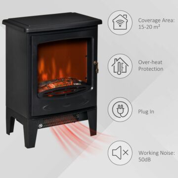 Homcom Electric Fireplace Stove, Free Standing Fireplace Heater With Realistic Flame Effect, Overheat Safety Protection, 900w/1800w, Black