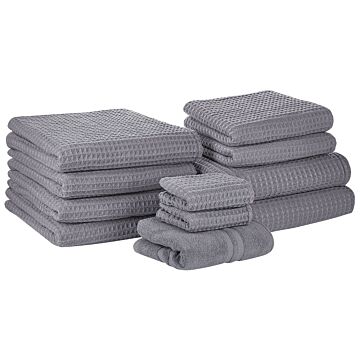 Set Of 11 Towels Grey Cotton Low Twist Guest Hand Bath Towel Bath Sheet And Bath Mat Beliani