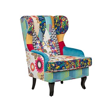 Armchair Multicolour Blue Fabric Patchwork Wingback Chair Button Tufted Wooden Legs Retro Design Beliani