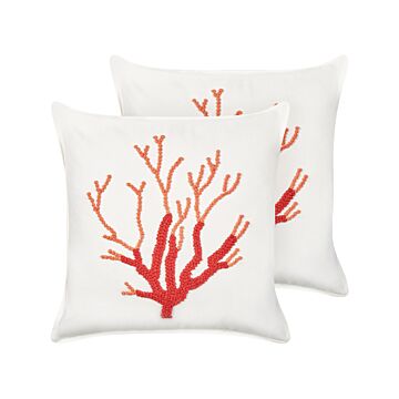 Set Of 2 Scatter Cushions White Cotton 45 X 45 Cm Marine Coral Pattern Square Polyester Filling Home Accessories Beliani