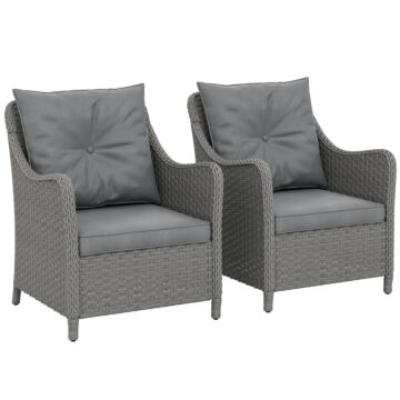 Outsunny Rattan Garden Chairs Set Of 2, Outdoor Rattan Chairs With Cushions, Armrests And High Back, Pe Wicker Garden Armchair With Steel Frame For Balcony, Porch, Dark Grey