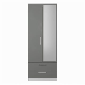 Contrast Double 2 Drawer Mirror Wardrobe In Dusk Grey & White