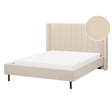 Eu Double Size Bed Frame Beige Boucle Fabric 4ft6 Upholstered Headboard Slatted Base Black Legs Modern Design Beliani