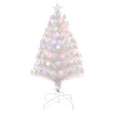 Homcom 3 Feet Prelit Artificial Christmas Tree With Fiber Optic Led Light, Holiday Home Xmas Decoration, White