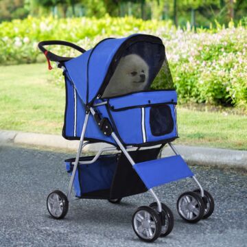 Pawhut Dog Pushchair For Small Miniature Dogs Cats Foldable Travel Carriage With Wheels Zipper Entry Cup Holder Storage Basket Blue
