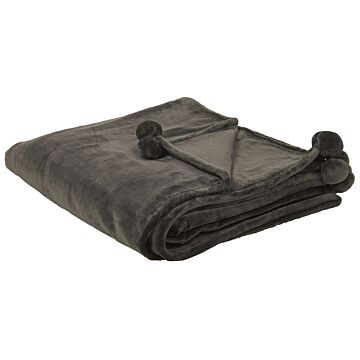 Blanket Grey Throw 200 X 220 Cm With Pom Poms Soft Coverlet Bedspread Beliani