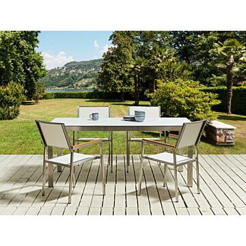 Garden Dining Set Marble Effect White Tabletop Glass Stainless Steel Frame White Set Of 4 Chairs Textilene Modern Outdoor Style Beliani