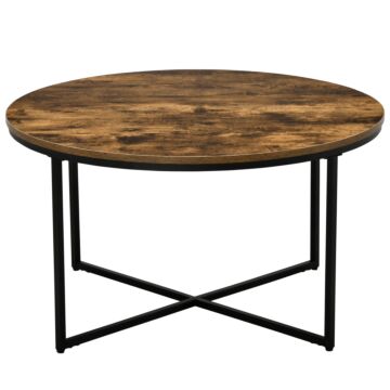 Homcom Coffee Table, Industrial Round Side Table With Metal Frame, Large Tabletop For Living Room, Bedroom, Rustic Brown