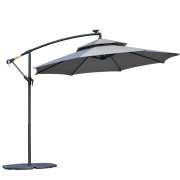 Outsunny 3(m) Cantilever Banana Parasol Hanging Umbrella With Double Roof, Led Solar Lights, Crank, 8 Sturdy Ribs And Cross Base For Outdoor, Garden, Patio, Light Grey
