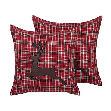 Set Of 2 Decorative Cushions Red Reindeer Print 45 X 45 Cm Modern Decor Accessories Christmas Beliani