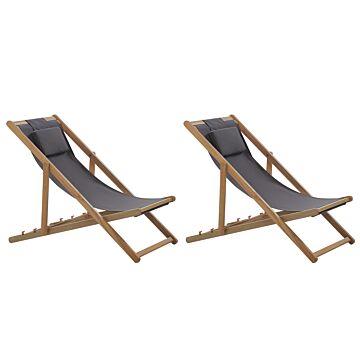 Set Of 2 Folding Deck Chairs Light Acacia Wood With Grey 2 Replacement Fabrics With Trendy Pattern Fabric Seat Headrest Cushion Reclining Folding Beliani