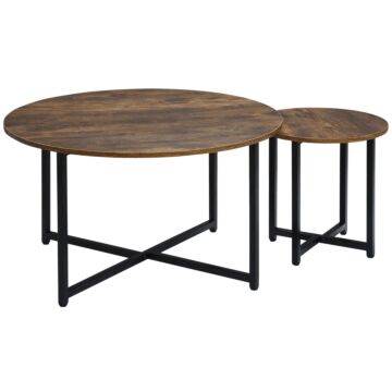 Homcom Round Coffee Table, Nesting Set Of 2 With Metal Frame, Industrial Side End Table For, Rustic Brown