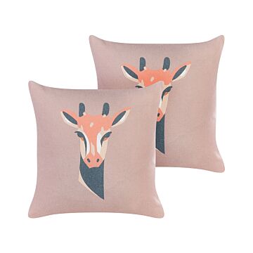 Set Of 2 Decorative Cushions Pastel Pink Animal Print 45 X 45 Cm Giraffe Motif Modern Safari Decor Beliani