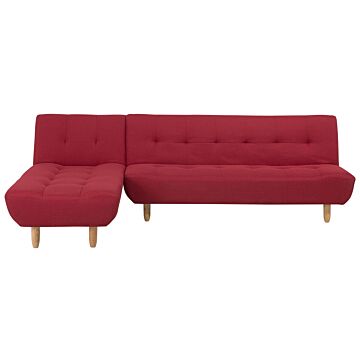 Corner Sofa Red Fabric Upholstery Light Wood Legs Right Hand Chaise Longue 3 Seater Beliani