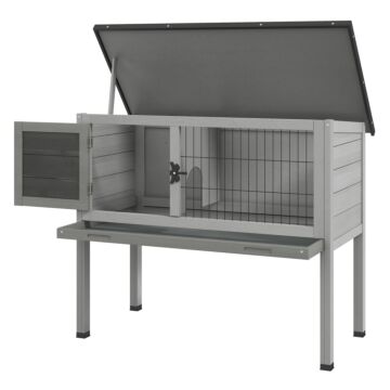 Pawhut Wooden Rabbit Hutch Guinea Pig Hutch Bunny Cage Garden Built In Tray Openable Asphalt Roof Small Animal House 84 X 43 X 70 Cm Grey