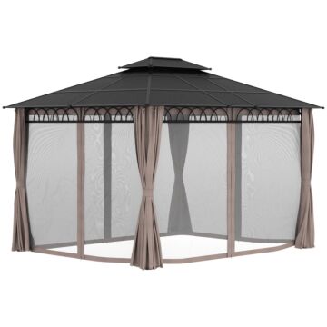 Outsunny 3.6 X 3 (m) Outdoor Polycarbonate Gazebo, Double Roof Hard Top Gazebo With Nettings & Curtains For Garden, Lawn, Patio