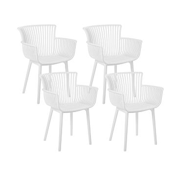 Set Of 4 Dining Chairs White Plastic Indoor Outdoor Garden With Armrests Minimalistic Style Beliani