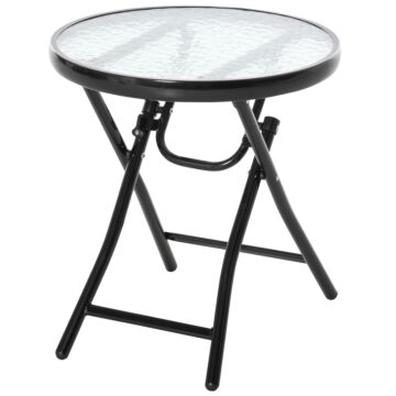 Outsunny Foldable Garden Table, Round Folding Table With Glass Tabletop And Safety Buckle For Patio, Garden, Outdoor, Indoor, Black