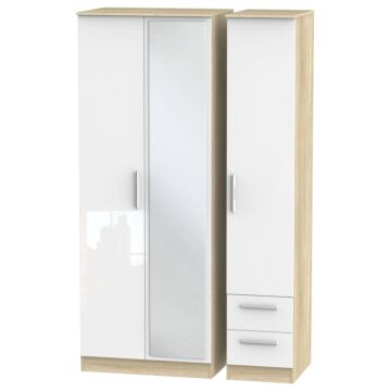 Contrast Tall Triple Mirror + Drawer Wardrobe In White & Bardolino Oak