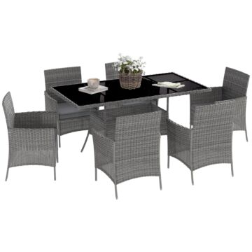 Outsunny 7-piece Rattan Garden Furniture Set With Cushions, 6 Seater Garden Table And Chairs, Rattan Dining Set With 6 Armchairs, Rectangular Glass Top Table, Charcoal Grey