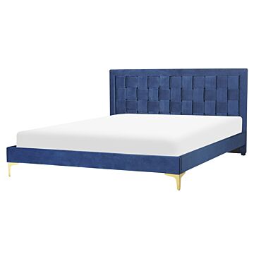 Upholstered Bed Frame Navy Blue Velvet Eu King Size 160x200 Cm 5ft3 Headboard Golden Legs