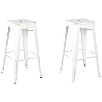 Set Of 2 Bar Stools White With Gold Steel 76 Cm Stackable Counter Height Industrial Beliani