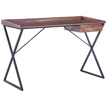 Home Office Desk Dark Wood With Black Engineered Wood 120 X 54 Cm Steel Frame With Storage Drawer Beliani