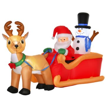Homcom 1.3m Christmas Inflatable Santa Claus On Sleigh Deer, Led Lighted For Home Indoor Outdoor Garden Lawn Decoration Party Prop