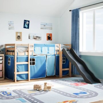 Vidaxl Kids' Loft Bed With Curtains Blue 90x190 Cm Solid Wood Pine