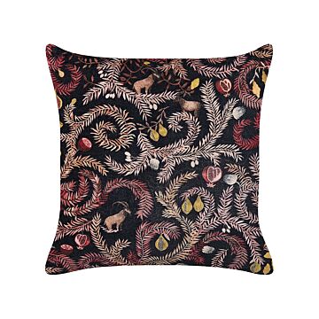 Decorative Cushion Black Pink Cotton 45 X 45 Cm Velvet Botanical Motif Modern Glamour Decor Beliani