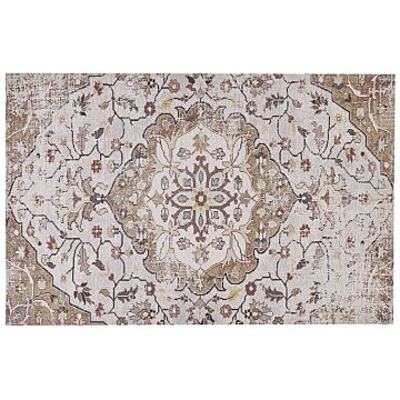 Area Rug Beige And Brown Polyester And Cotton 150 X 230 Cm Handwoven Printed Floral Distressed Oriental Pattern Beliani