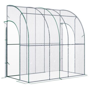 Outsunny Outdoor Walk-in Lean To Wall Tunnel Greenhouse With Zippered Roll Up Door Pvc Cover Sloping Top, Clear, Green 214cm X 118cm X 212cm