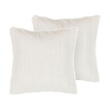 Set Of 2 Throw Cushions White Polyester 45 X 45 Cm Glam Embossed Zipper Furry Living Room Bedroom Beliani