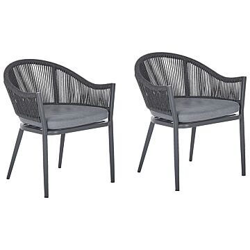 Set Of 2 Garden Dining Chairs Grey Metal Frame With Cushions Rope Weaving Design Modern Beliani