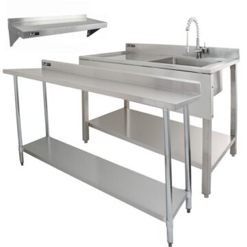 6ft Stainless Steel Catering Bench, Stainless Steel Sink - Left Hand Drainer & 2x Wall Mounted Shelves