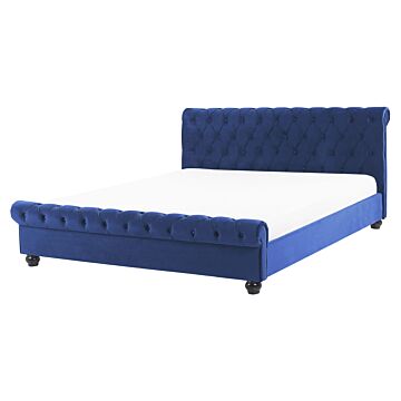 Bed Frame Blue Velvet Upholstery Black Wooden Legs King Size 5ft3 Buttoned Glam Beliani