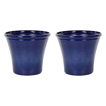 Set Of 2 Plant Pots Planters ⌀46 Solid Navy Blue Fibre Clay High Gloss Outdoor Resistances All-weather Beliani