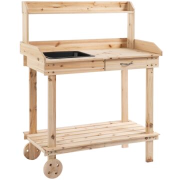 Outsunny Garden Potting Bench Table, Wooden Work Station, Outdoor Planting Workbench With 2 Wheels, Sink, Drawer & Large Storage Spaces, 92x45x119cm