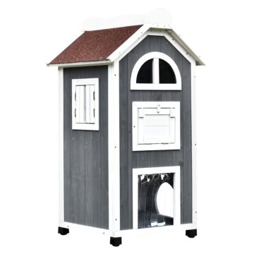 Pawhut Wooden Cat House, Weatherproof Pet Shelter, Outdoor Cat Condos Cave, 2 Floor Furniture, Grey And White