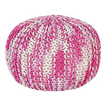 Pouf Ottoman White And Pink 50 X 35 Cm Knitted Cotton Eps Beads Filling Round Small Footstool Beliani