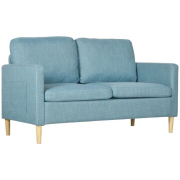 Homcom 143cm 2 Seater Sofa For Living Room, Modern Fabric Couch, Loveseat Sofa Settee With Wood Legs And 2 Pockets For Bedroom And Home Office, Blue