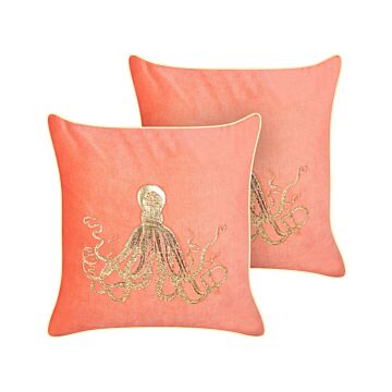 Set Of 2 Scatter Cushions Red Velvet 45 X 45 Cm Marine Octopus Motif Square Polyester Filling Home Accessories Beliani
