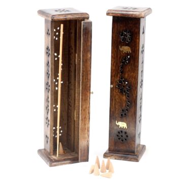 Square Incense Tower - Brass Inlay - Mango Wood