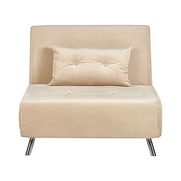 Sofa Bed Beige Velvet Fabric Upholstery Single Sleeper Fold Out Chair Bed With Cushion Modern Design Beliani