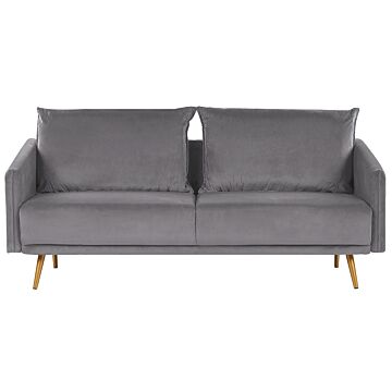 Sofa Grey Velvet 3 Seater Back Cushioned Seat Metal Golden Legs Retro Glam Beliani