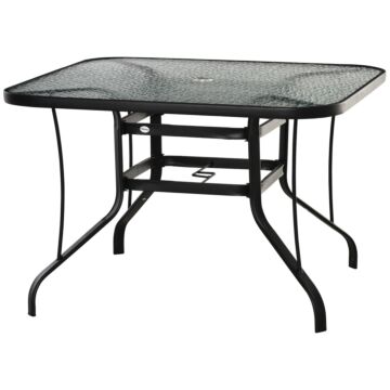 Outsunny Square Outdoor Garden Dining Table With Parasol Hole, Tempered Glass Top, Steel Frame For Garden, Lawn, Patio, Black