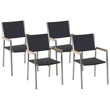 Set Of 4 Garden Dining Chairs Black And Silver Faux Rattan Seat Stainless Steel Legs Stackable Outdoor Resistances Beliani