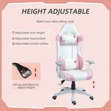 Homcom Gaming Chair, Racing Gamer Chair, Reclining Faux Leather Computer Chair With Headrest, Lumber Support, 3d Armrests, Adjustable Height, Swivel Wheels For Home Office, Pink